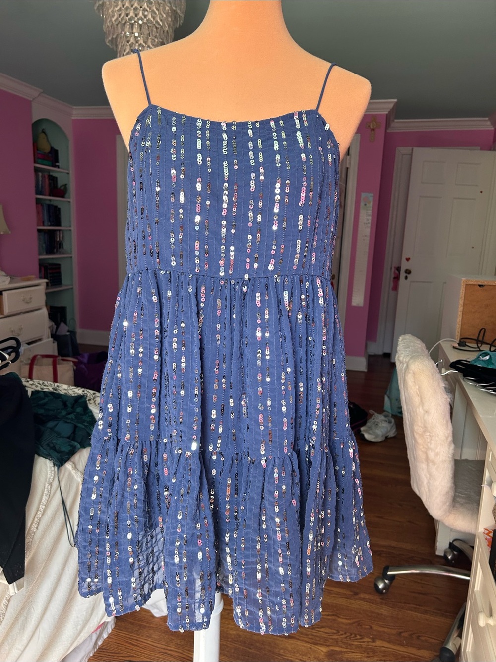 Urban Outfitters Navy Blue Spaghetti-Strap Sequin Tiered Dress
